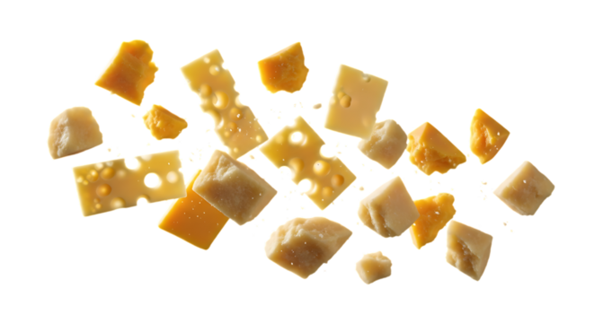 Assorted cheese pieces scattered against black dairy