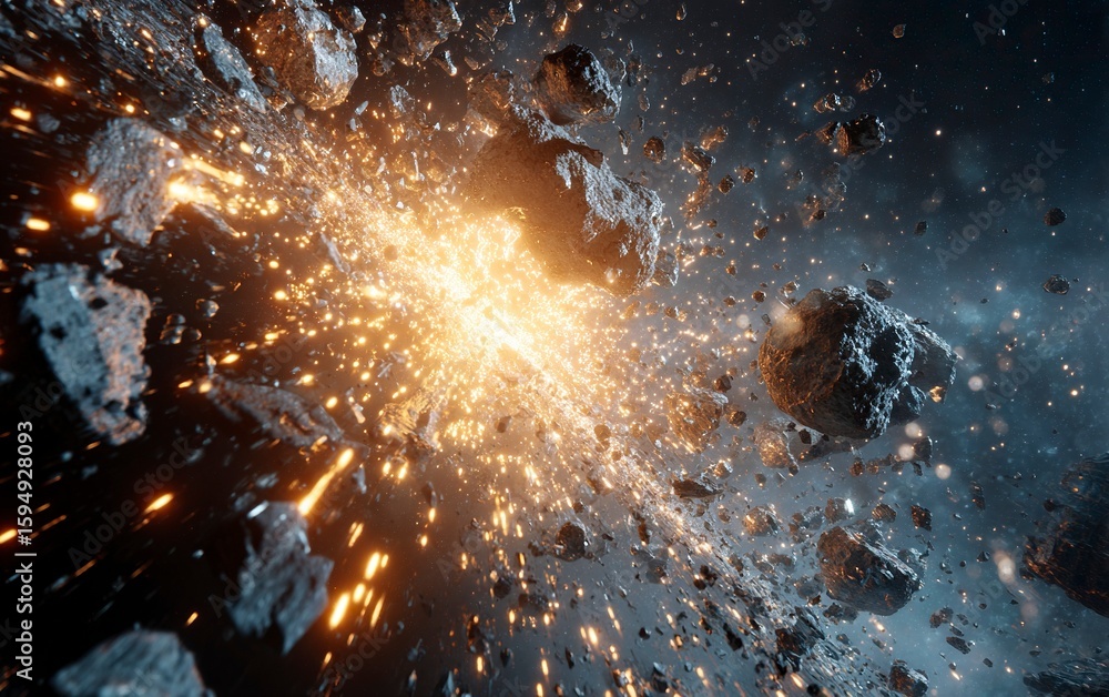 Poster a dramatic scene of an asteroid shattering into pieces, creating sparks and debris against the backd