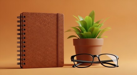 Brown notebook green plant black glasses image