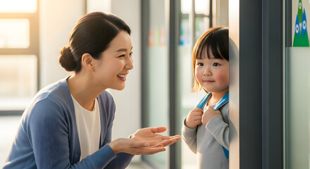 Caring Teacher Engages Adorable Asian Girl - First Day of School or Daycare

