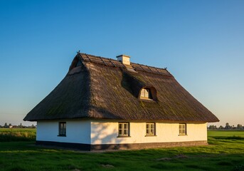 静かな田園、茅葺屋根の家、夕陽輝く