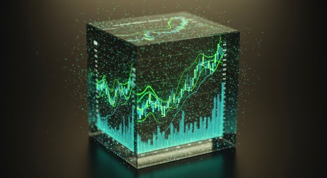 A cube with a green graph inside on a dark surface.