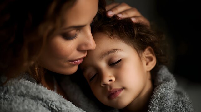 Mother comforting sick child with warmth and care