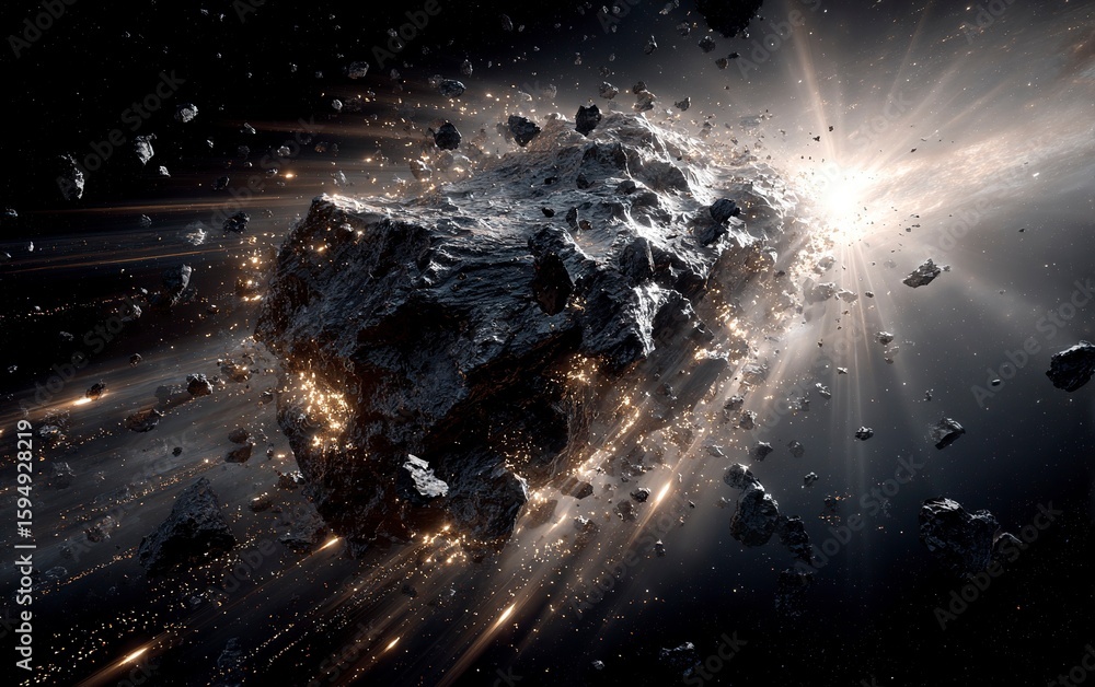 Poster a dramatic scene of an asteroid shattering into pieces, creating sparks and debris against the backd