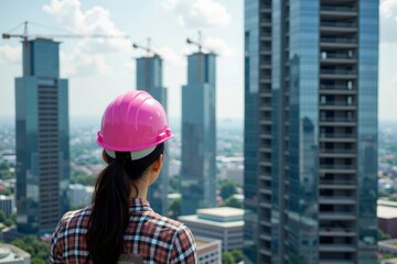 Aerial Drone Shot of Asian Woman in Pink Hard Hat Supervising Construction Workers Building Skyscraper in Urban Setting