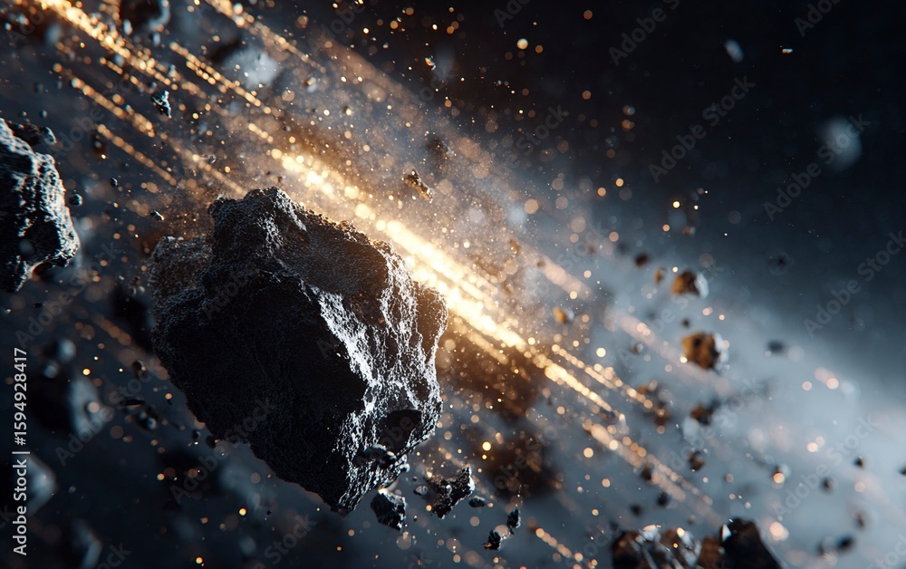 Poster a dramatic scene of an asteroid shattering into pieces, creating sparks and debris against the backd