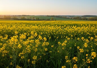 Obraz premium 黄金色に輝く菜の花畑 夕陽の穏やかな光