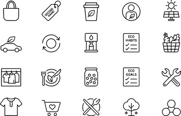 A collection of hand drawn doodle icons representing sustainability eco friendly practices and environmental awareness for various concepts