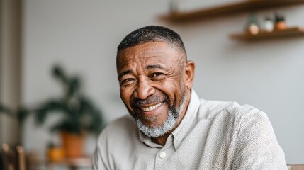 Smiling Portrait: A mature man with a salt-and-pepper beard and short haircut, radiating joy in a relaxed indoor setting, captured with a warm, inviting expression.