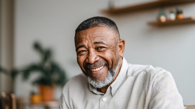 Smiling Portrait: A mature man with a salt-and-pepper beard and short haircut, radiating joy in a relaxed indoor setting, captured with a warm, inviting expression. - Powered by Adobe