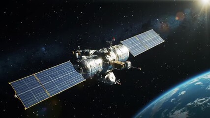 A satellite with solar panels orbiting earth in the vast expanse of space view - Powered by Adobe