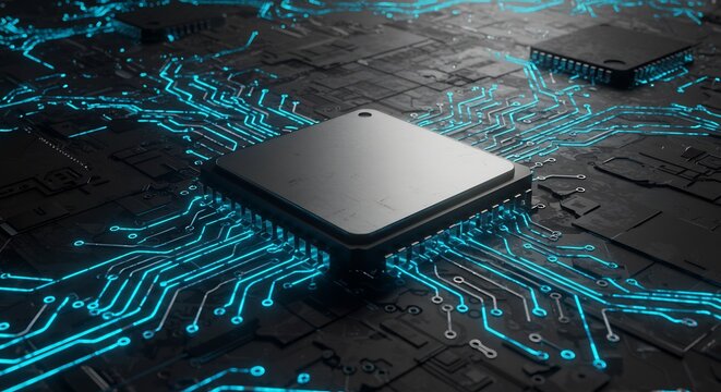 青く輝く回路基板中央のCPU 精密描写