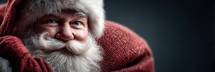 Smiling Santa preparing for Christmas with a red sack against a dark background