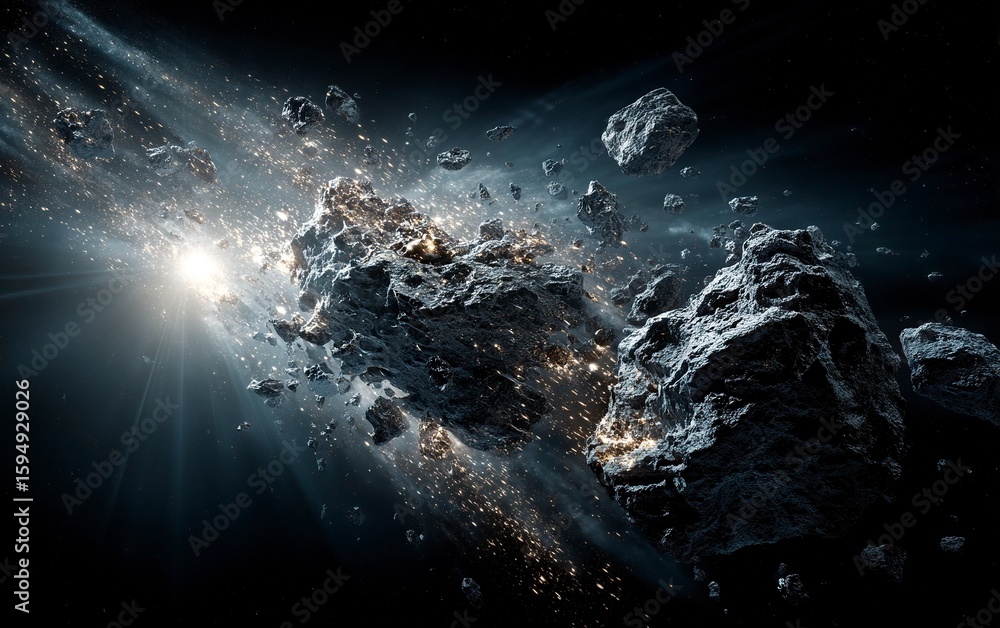 Poster a dramatic scene of an asteroid shattering into pieces, creating sparks and debris against the backd