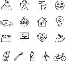 Collection of hand drawn eco friendly icons representing sustainability organic products renewable energy and a green lifestyle for environmental awareness