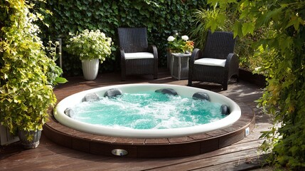 Relaxing outdoor spa with lush greenery. Enjoy the soothing bubbles and calming ambiance of this private retreat. Perfect for unwinding after a long day.