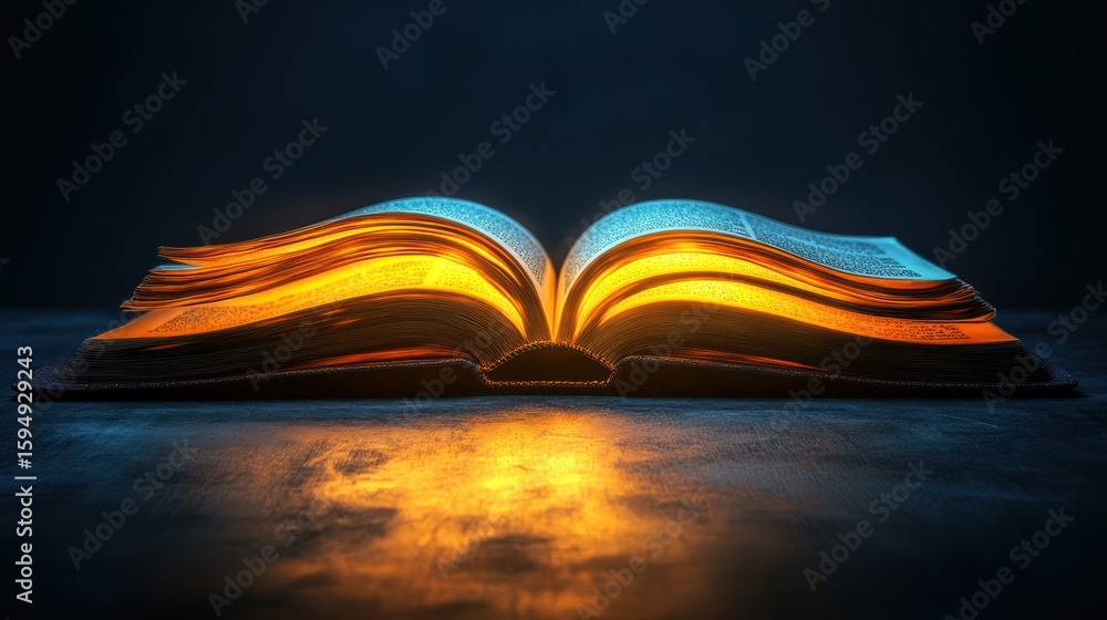 Poster illuminated open book on dark table