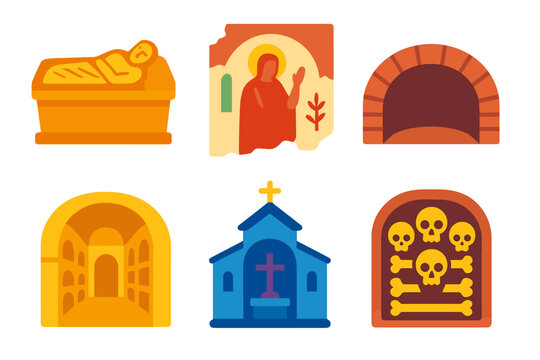 Illustrated icons of tomb, fresco, archway, crypt, church, and ossuary