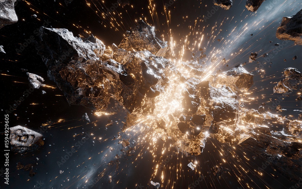 Poster a dramatic scene of an asteroid shattering into pieces, creating sparks and debris against the backd
