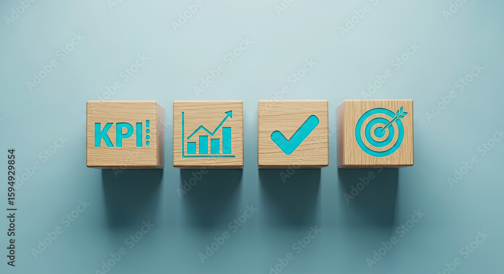 Poster kpi wooden blocks concept: business strategy, goals, and performance metrics. visual representation 