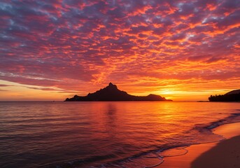 燃える夕焼け空 海に映るシルエット 美しい水平線