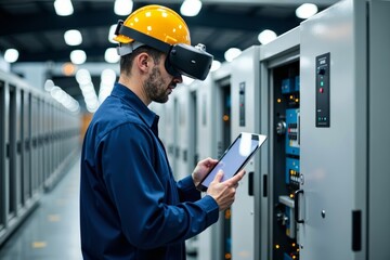 Technician in Factory Utilizing Augmented Reality Headset to Work on Electrical System with Tablet in Close-Up View.