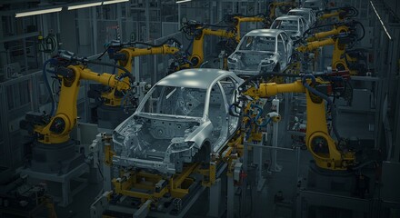 精密機械 滑らかに動く黄色ロボットアーム 車体組立ライン