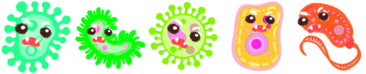 Adorable Angry Red Virus and Bacteria Cartoon Characters Set for Science, Health, and Educational Use