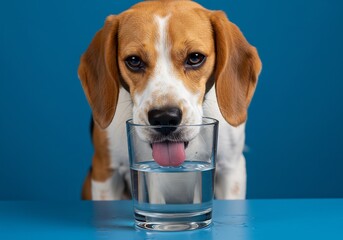 愛らしいビーグル犬 水を飲む 爽快な青背景