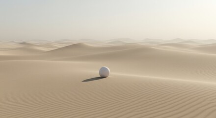 White sphere in a sandy desert landscape with dunes and hazy sky.