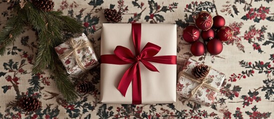 Christmas gifts and ornaments on a patterned tablecloth