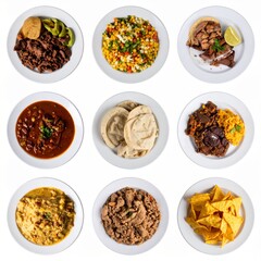 Authentic Latin American food ingredients and dishes isolated on white background with vivid color capture and directional lighting