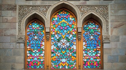 Ornate stained glass window in stone building