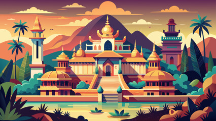 Vientiane, Laos – Tranquil riverside temples and colonial buildings define this calm capital. A soft-toned vector composition rich in Buddhist serenity
