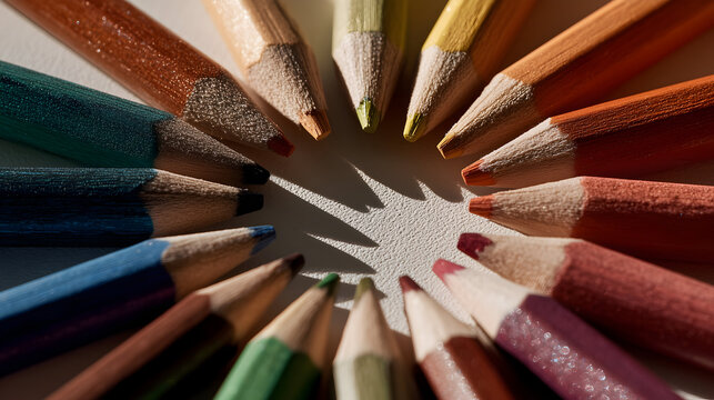 Close-up of sharpened colored pencils arranged in a circular pattern with pointed tips inward, casting dramatic shadows on a white textured surface.