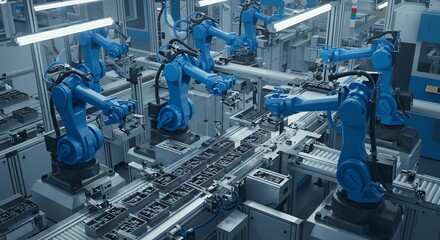 青色ロボット群 精密工場 未来技術 自動化ライン