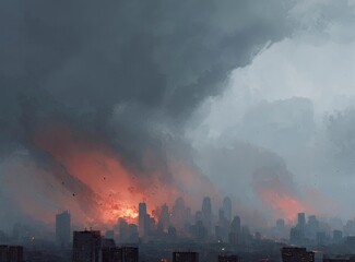 Obraz premium A city skyline in the background, with smoke and fire rising from the buildings and dark clouds overhead. In the foreground, an explosion engulfs part of one of the buildings. The scene conveys a 