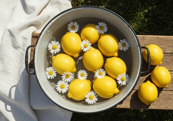 輝くレモンと白い花 爽やか夏イメージ