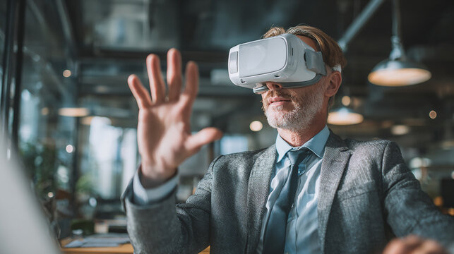 Businessman using virtual reality headset for presentation in modern office, technology and innovation in business. - Powered by Adobe
