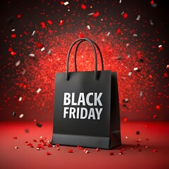 Black shopping bag with Black Friday text and red confetti