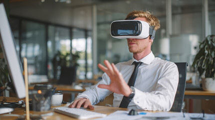 Businessman using virtual reality headset for presentation in modern office, technology and innovation in business.