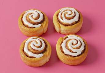 Fototapeta premium Four Delicious Cinnamon Rolls on a Vibrant Pink Background.