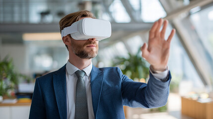 Businessman using virtual reality headset for presentation in modern office, technology and innovation in business.