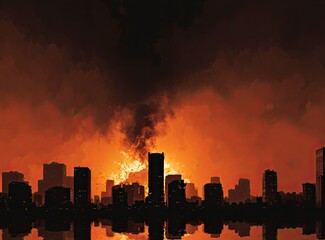A city skyline with buildings on fire and dark clouds in the sky, depicting destruction from an earthquake or natural disaster. The background is a gradient of black to brown, creating a dramatic effe