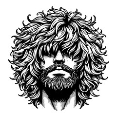 Bold bearded man with lush curly hair, monochrome illustration of spiral haired figure.
