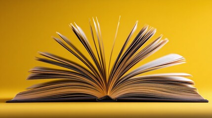 Open book with pages fanned out against a vibrant yellow background, symbolizing knowledge, learning, and the joy of reading. Dramatic lighting.