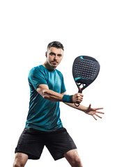 Padel player isolated on white background. Open social tour template. Paddle tenis template for social media design with copy space.