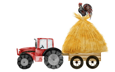 Tractor with cart and haystack watercolor painting. Hand drawn red tractor with hay on isolated white background. Country style clip art. Ideal for educational cards and posters