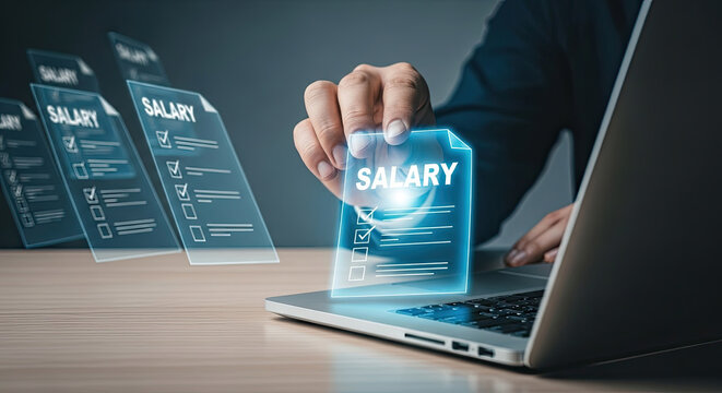 Salary Negotiation Concept: Businessman Reviewing Digital Payslip on Laptop, Planning Financial Strategy for Income Growth and Career Advancement