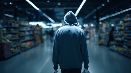 Person in hoodie shopping, walking away with shopping bags in grocery store with blue hues, anonymous shopper making a purchase.